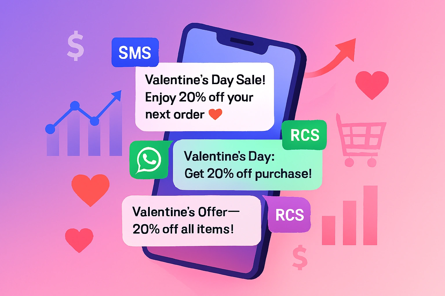 Multi-channel Valentine's Day marketing showing SMS, WhatsApp and RCS messaging on smartphone with sales growth graphs