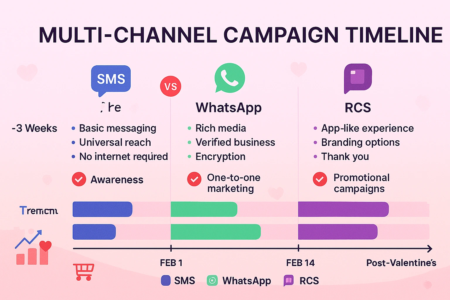 Valentine's Day marketing campaign timeline from 3 weeks before to post-Valentine's showing SMS, WhatsApp and RCS schedule