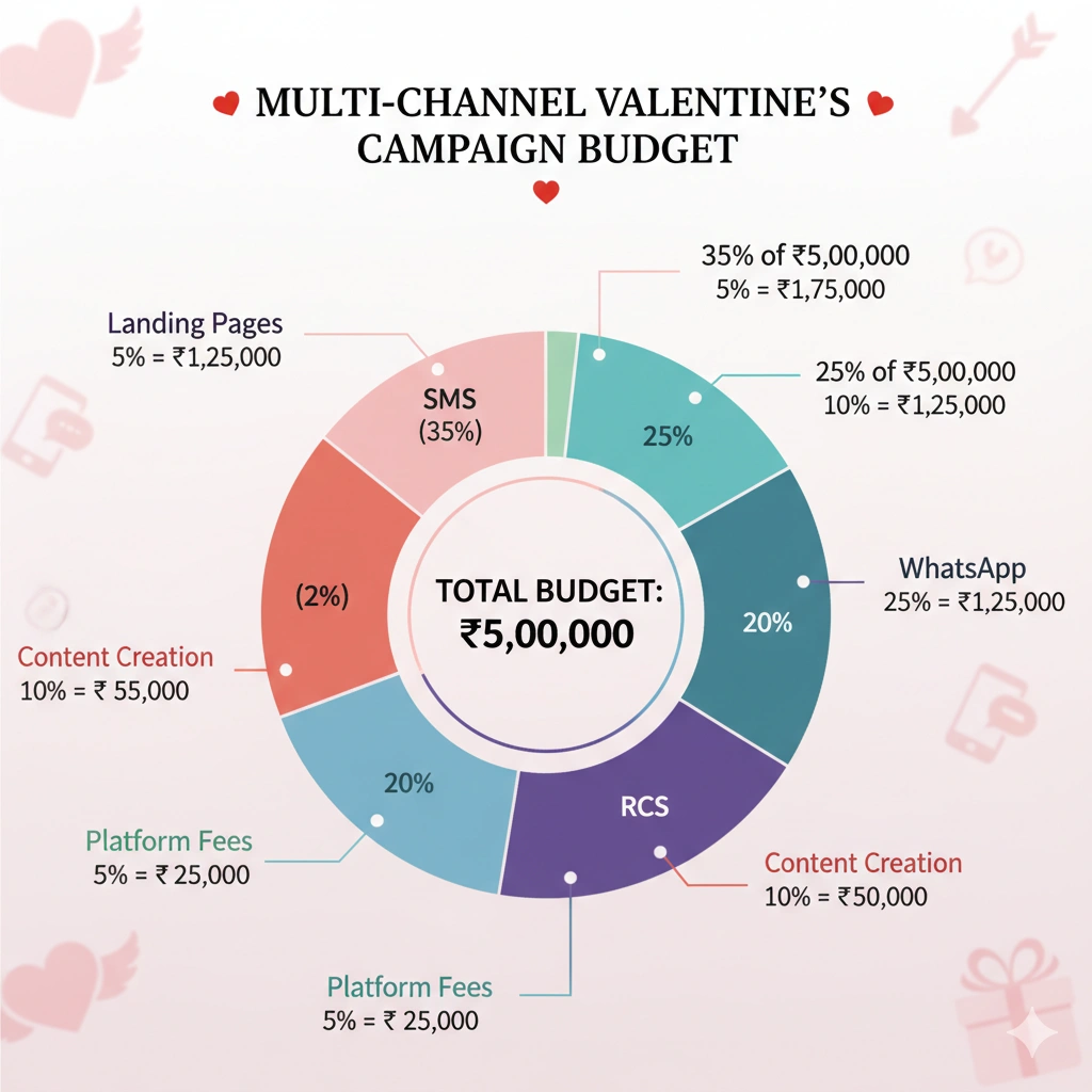Marketing analytics dashboard showing Valentine's Day campaign ROI, conversion rates and performance metrics across SMS channels
