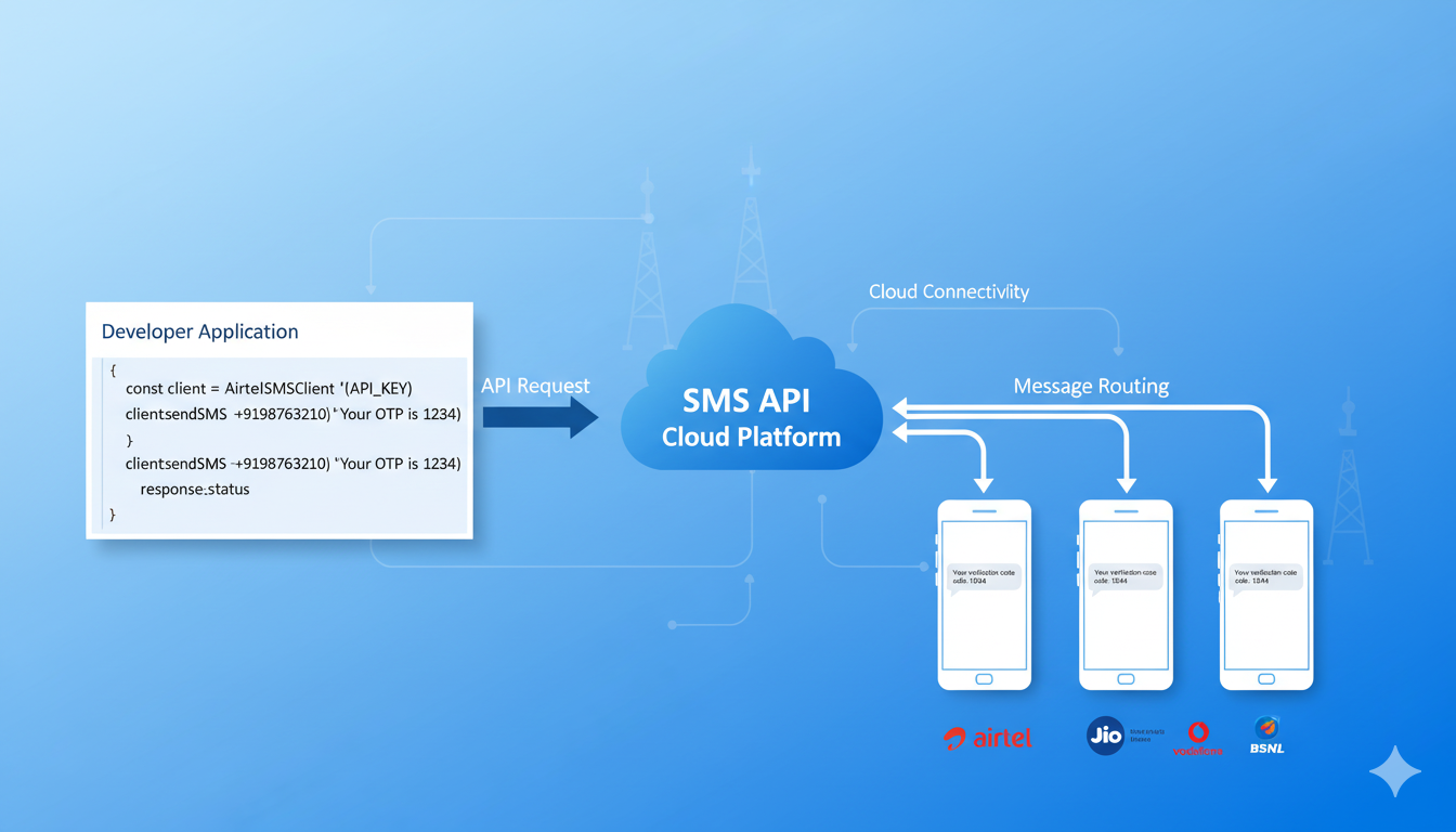 Here's a clean technical illustration showing an SMS API integration flow