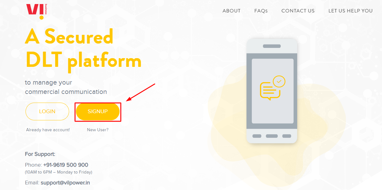 Click on the Signup button to register in the Vodafone DLT platform.