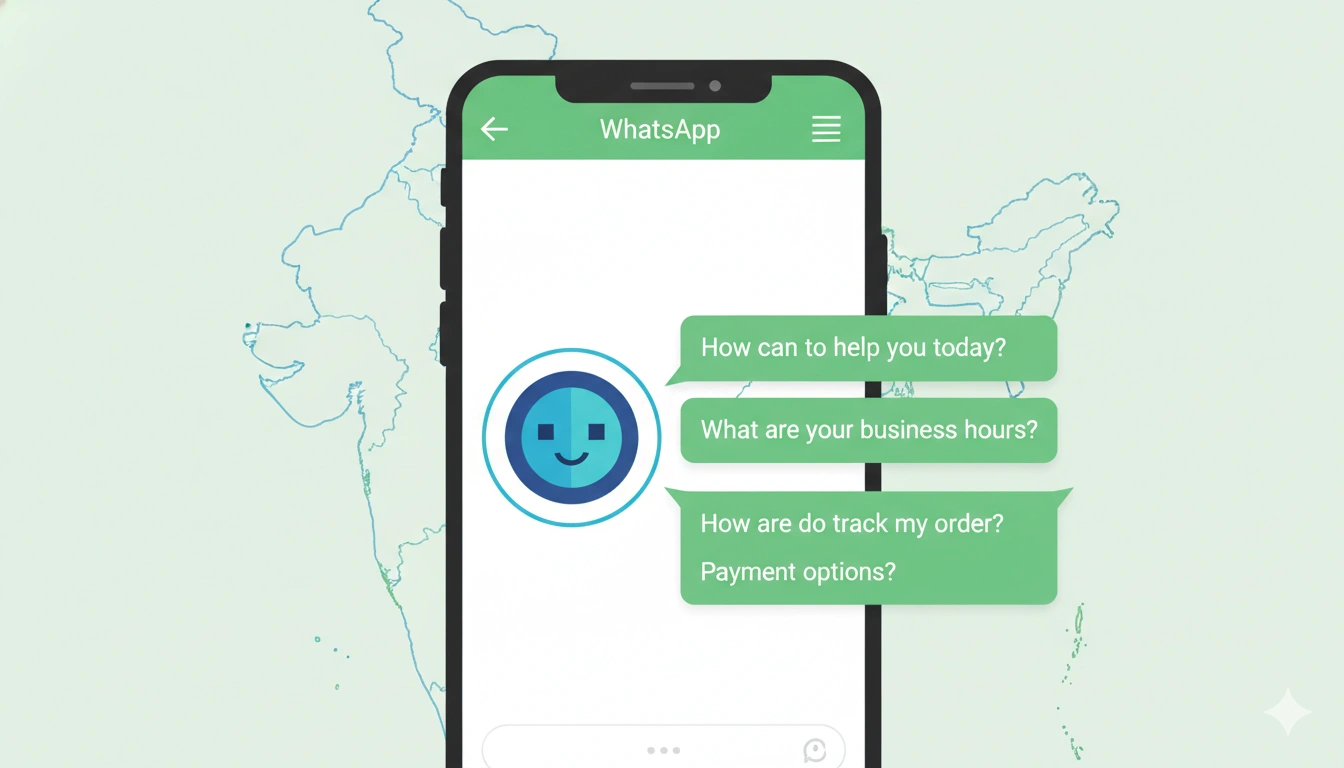 A friendly AI chatbot icon inside a WhatsApp chat window on a mobile phone, responding to customer queries automatically