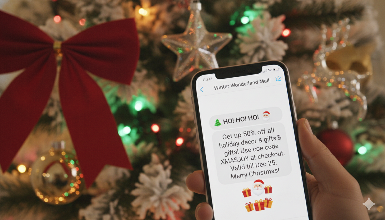 Christmas SMS marketing message on smartphone with holiday decorations