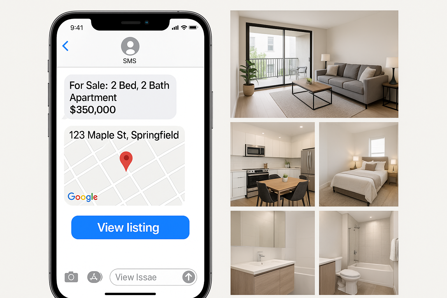 Property SMS marketing message example showing apartment details with booking information for real estate brokers