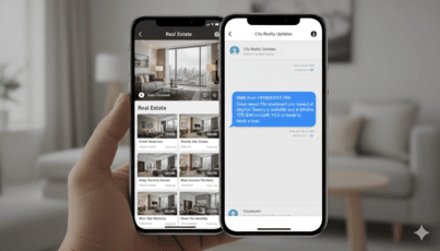 Property alert SMS notification displaying new listing details with property images