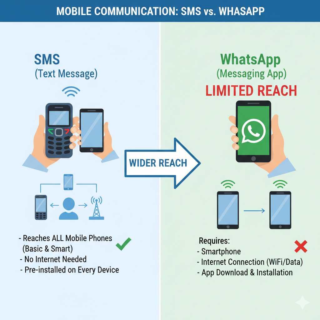 SMS vs WhatsApp real estate communication showing broadcast alerts versus interactive conversations