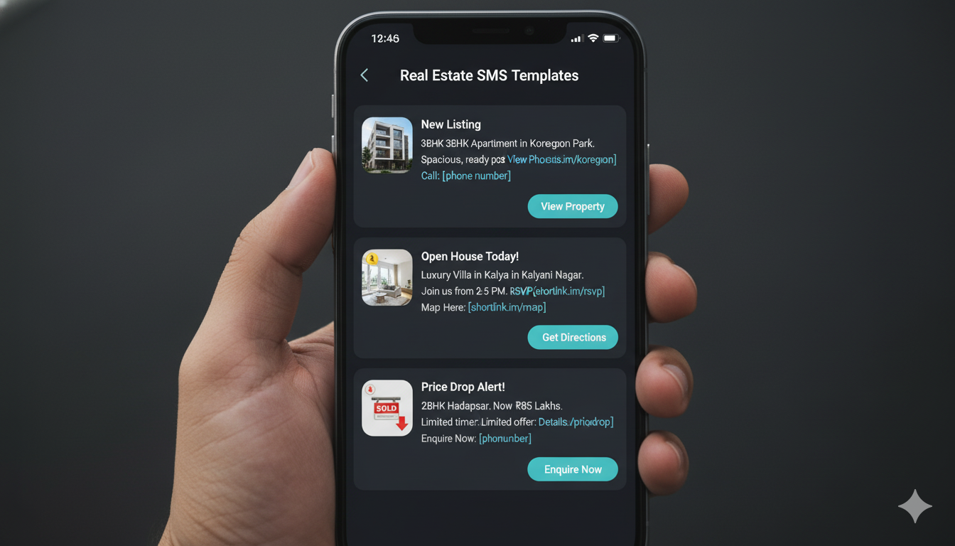Property SMS campaigns India templates showing listing alerts, open house invitations, and price reduction messages