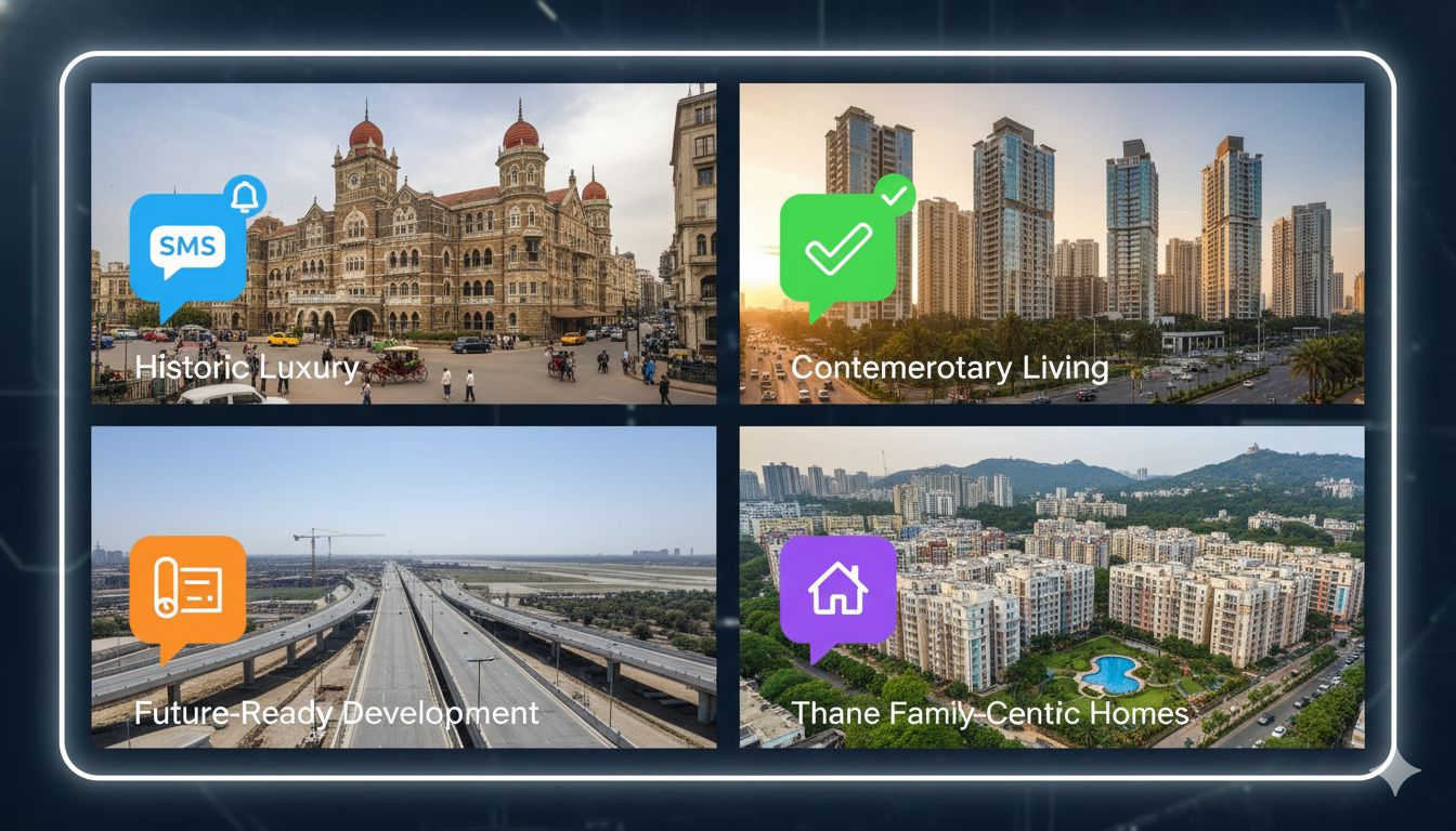 Property SMS marketing Mumbai covering South Mumbai luxury, Western Suburbs, Navi Mumbai, and Thane real estate zones