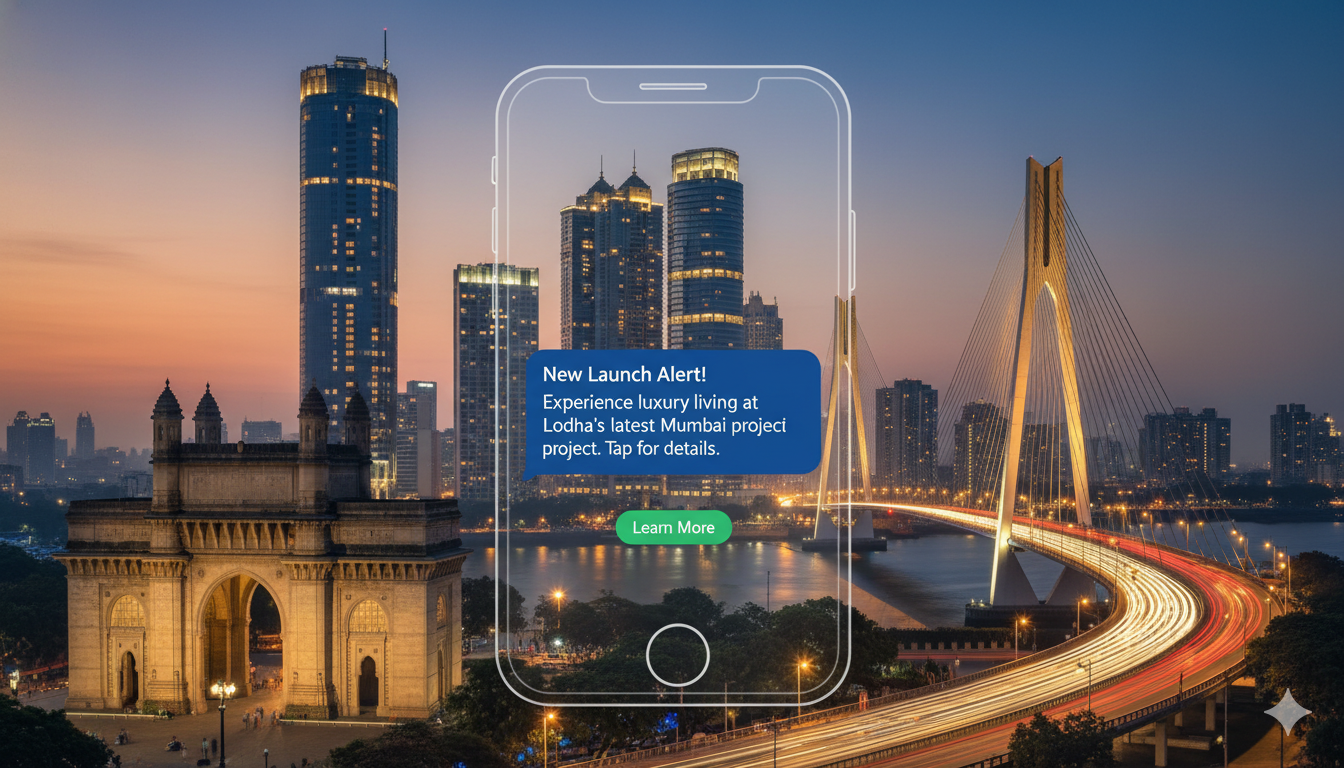 Real estate SMS Mumbai showing luxury property marketing for South Mumbai and Western Suburbs developments