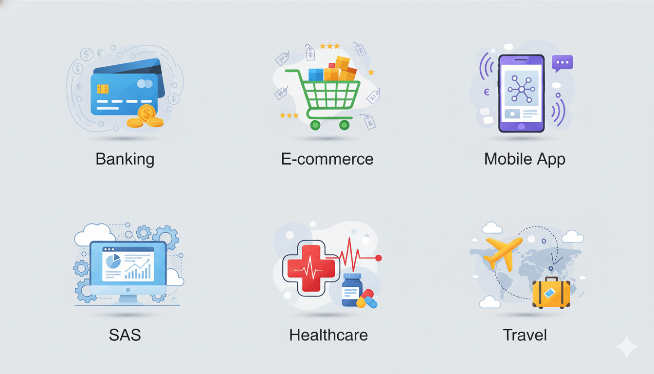 Show 6 different industry scenarios in a grid OTP service  Industry Use Cases Illustration