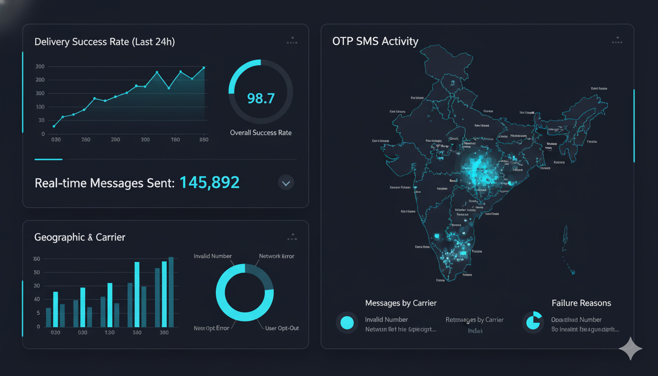 Modern UI mockup of OTP SMS analytics dashboard, showing statistics graphs