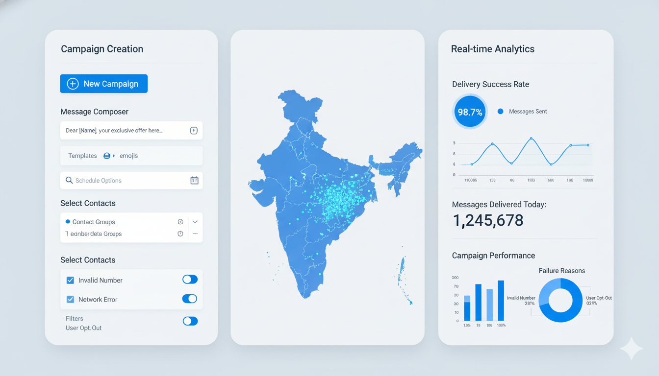 Modern bulk SMS dashboard interface mockup, showing campaign creation screen with contact list, message composer, scheduling options, real-time delivery statistics with graphs, India map with delivery visualization