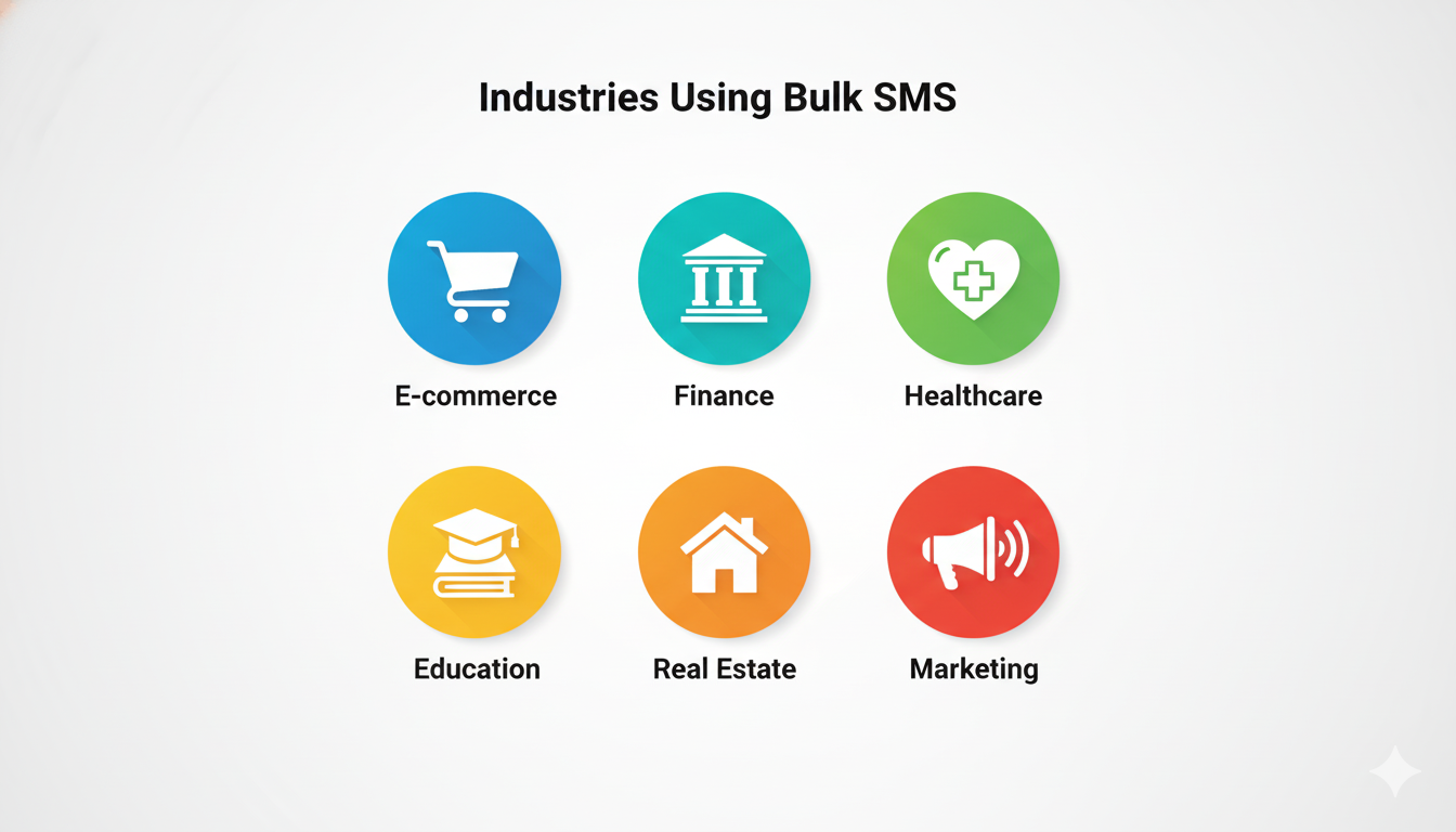 Illustration showing 6 industry sectors using bulk SMS, icons arranged in hexagonal grid