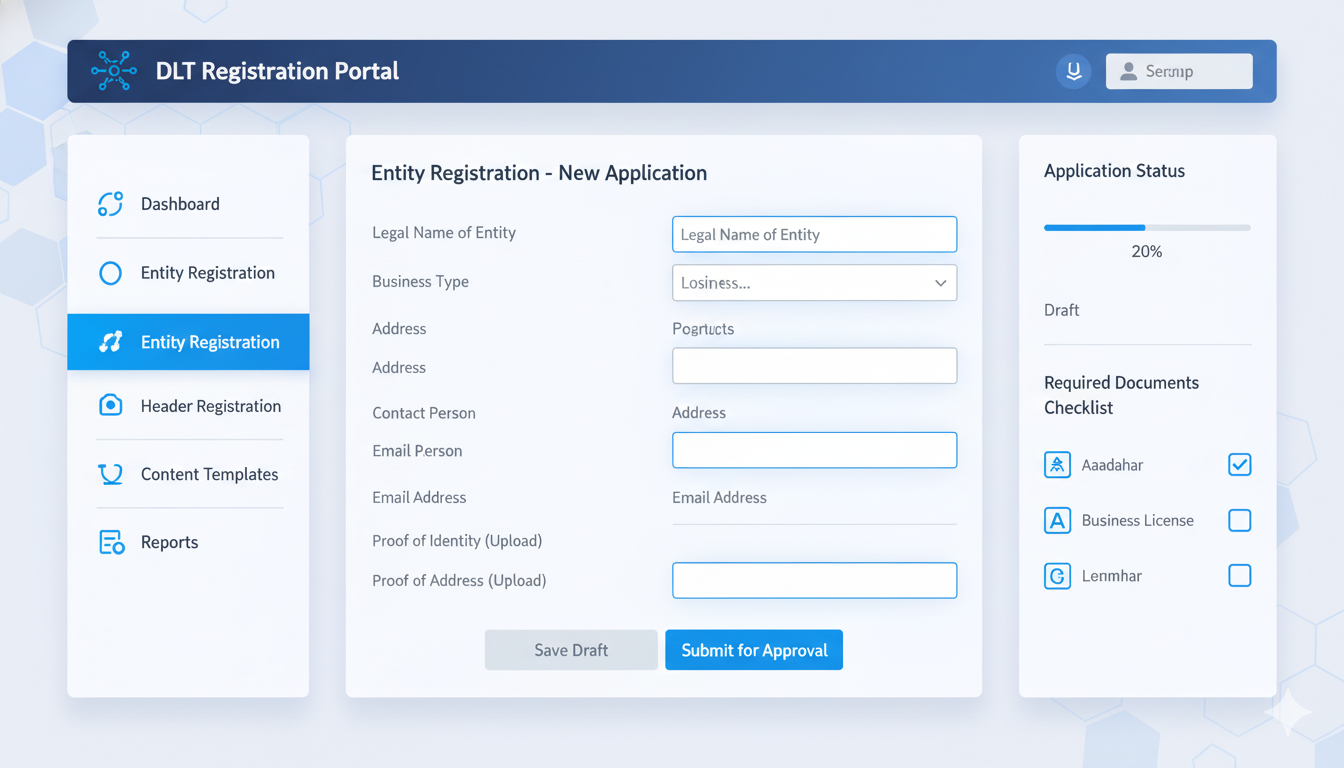 Dashboard screenshot showing DLT registration portal with form fields highlighted