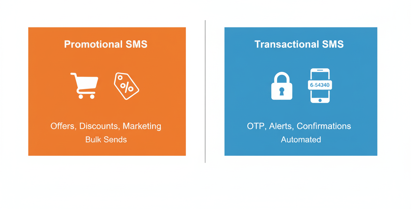 Split-screen infographic comparing promotional and transactional SMS
