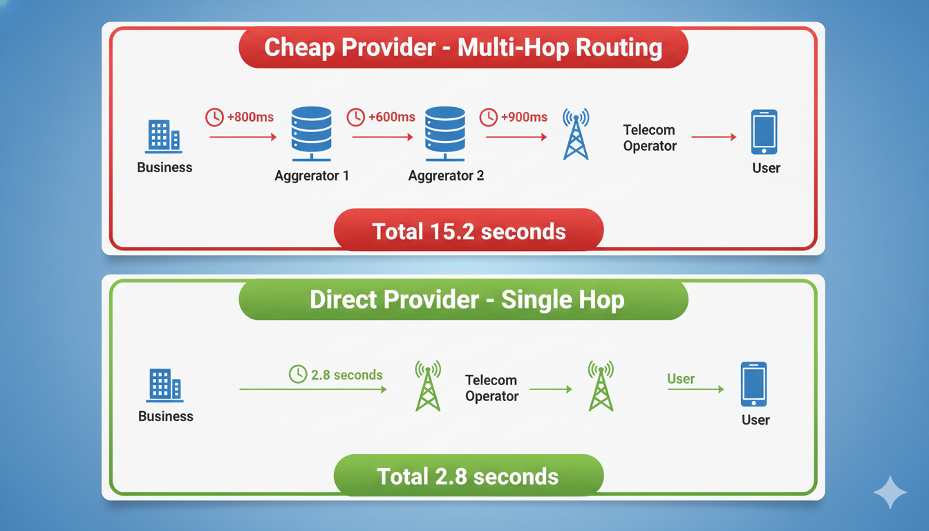 Direct operator connection vs multi-hop routing delivery speed comparison for OTP SMS