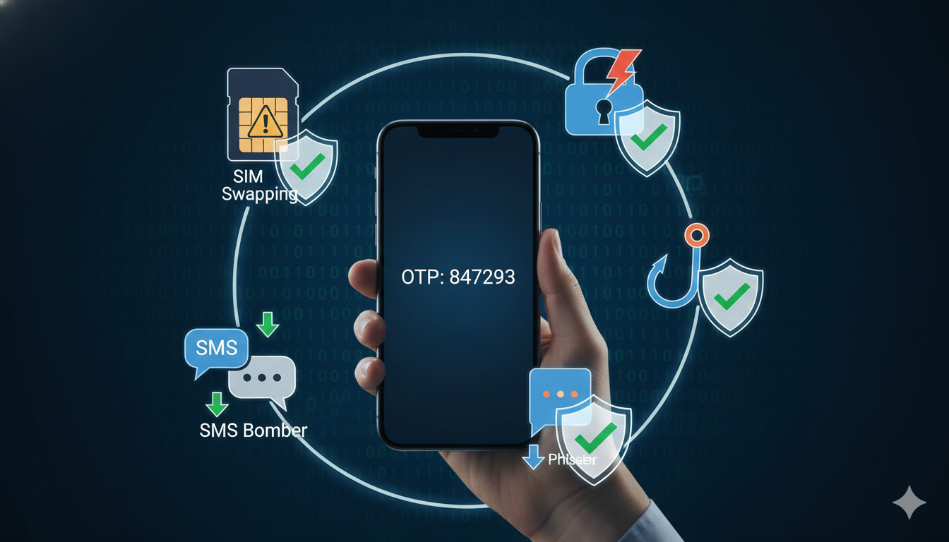 OTP SMS security threats and protection measures including SIM swap detection and bomber prevention