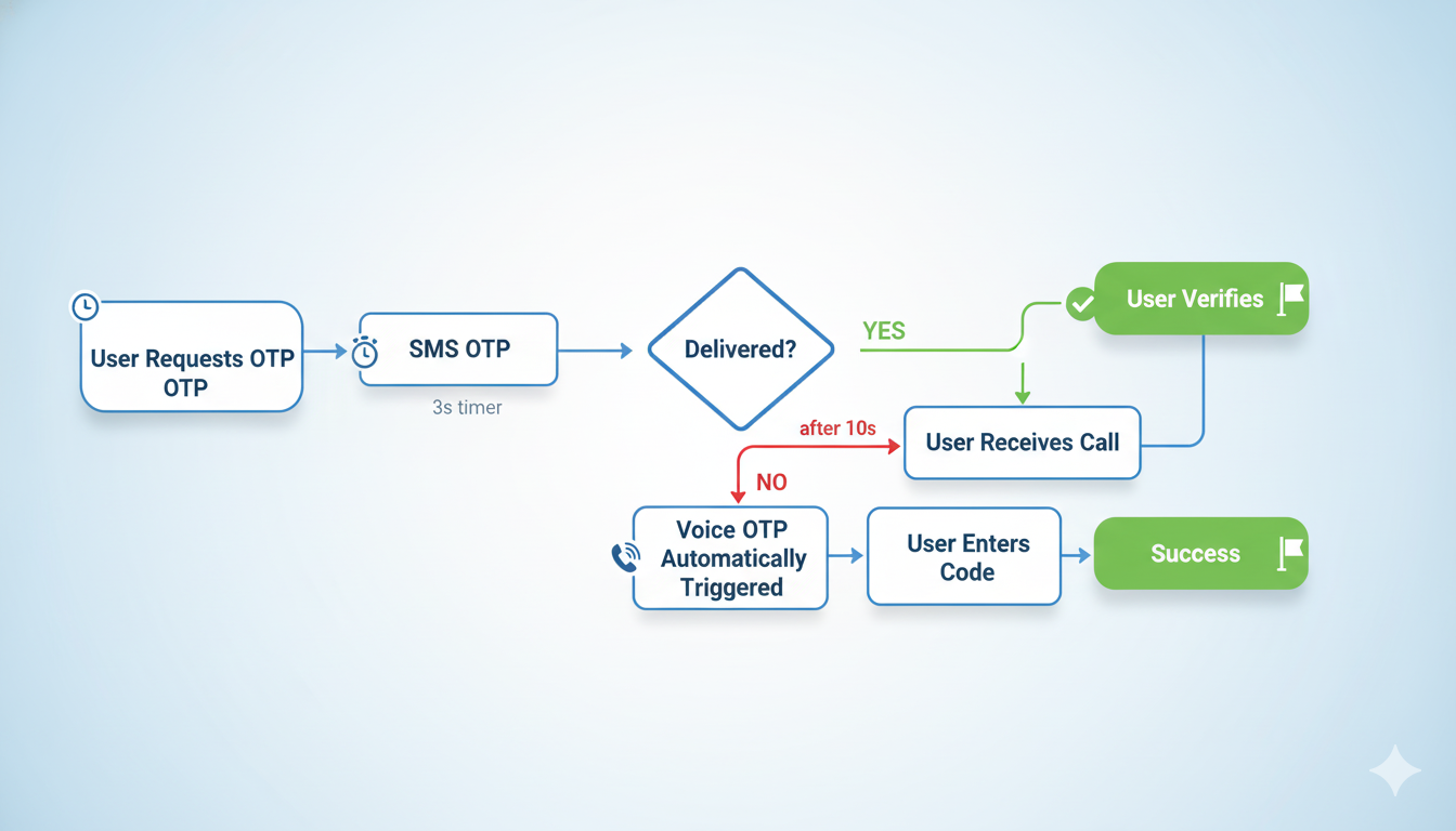 OTP delivery fallback flow showing automatic SMS to voice OTP transition for reliability