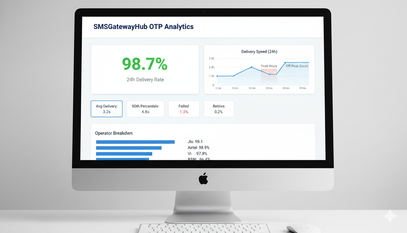 Real-time OTP SMS delivery metrics dashboard showing speed and success rates by operator
