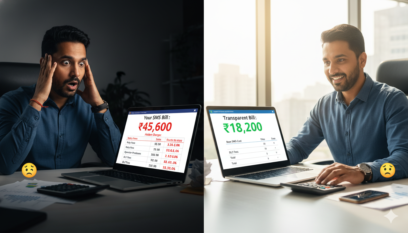 Bulk SMS pricing comparison showing hidden costs versus transparent pricing from best provider in India