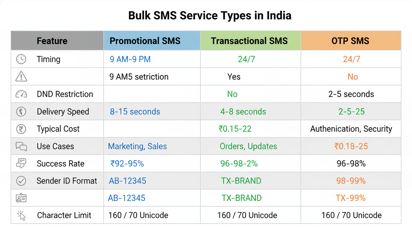Comparison of promotional SMS, transactional SMS, and OTP SMS service types with pricing and features