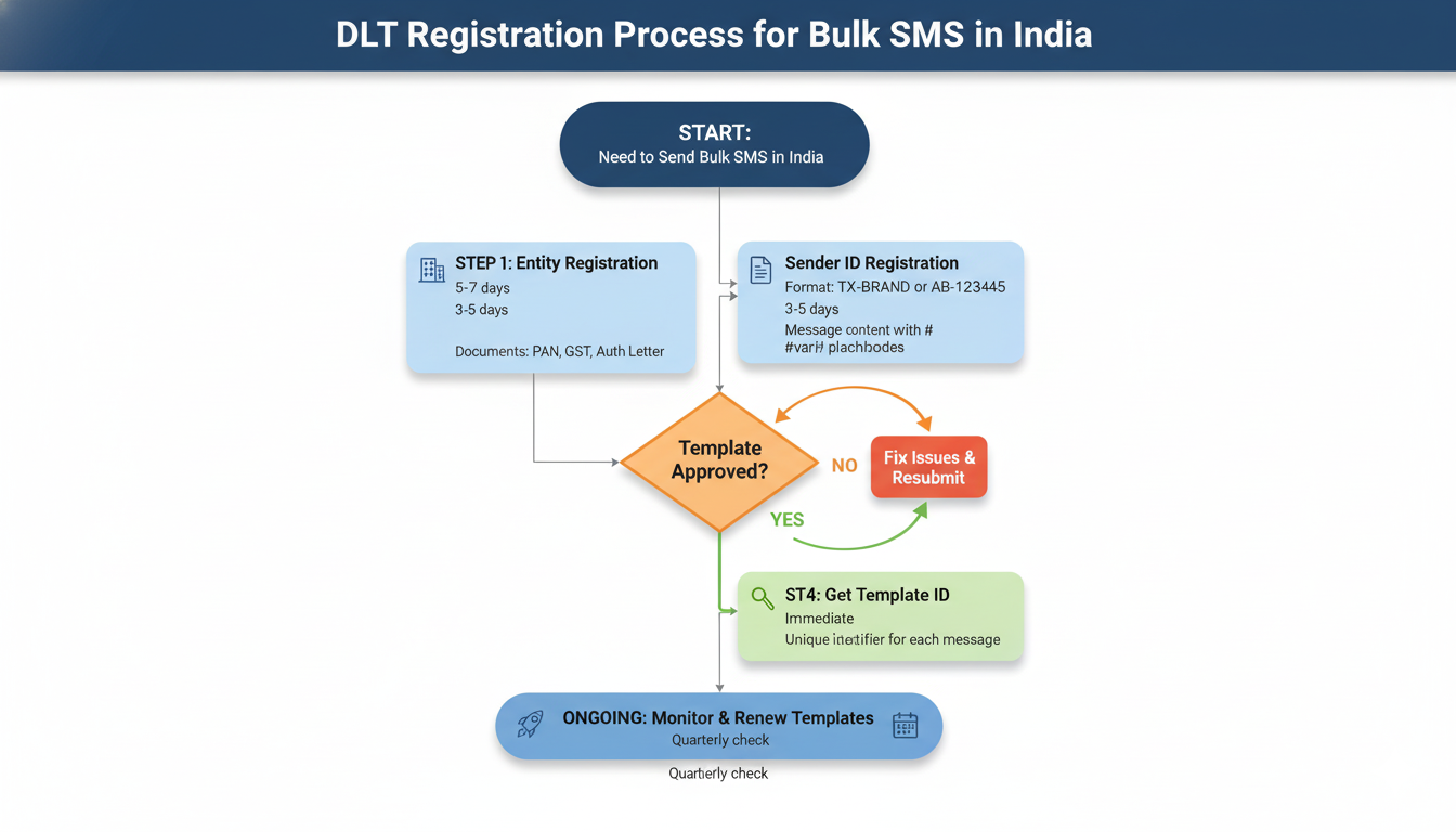 DLT registration process flowchart for bulk SMS service providers in India showing complete compliance steps