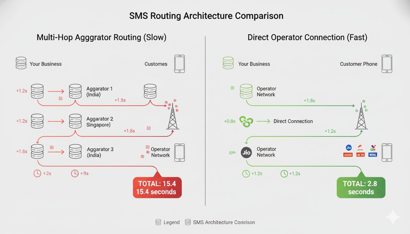 Direct operator connection vs aggregator routing speed comparison for bulk SMS delivery