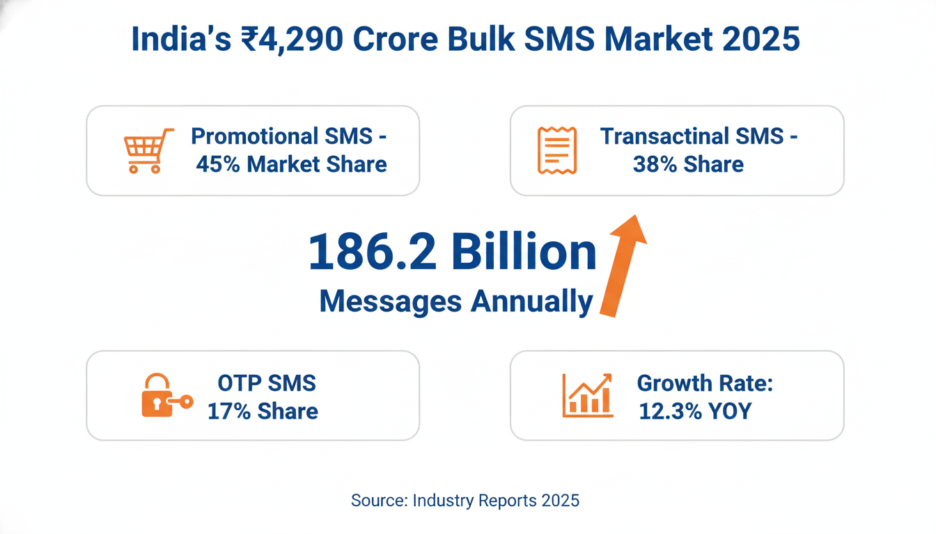 India bulk SMS market size statistics showing ₹4,290 crore industry value and message volume distribution