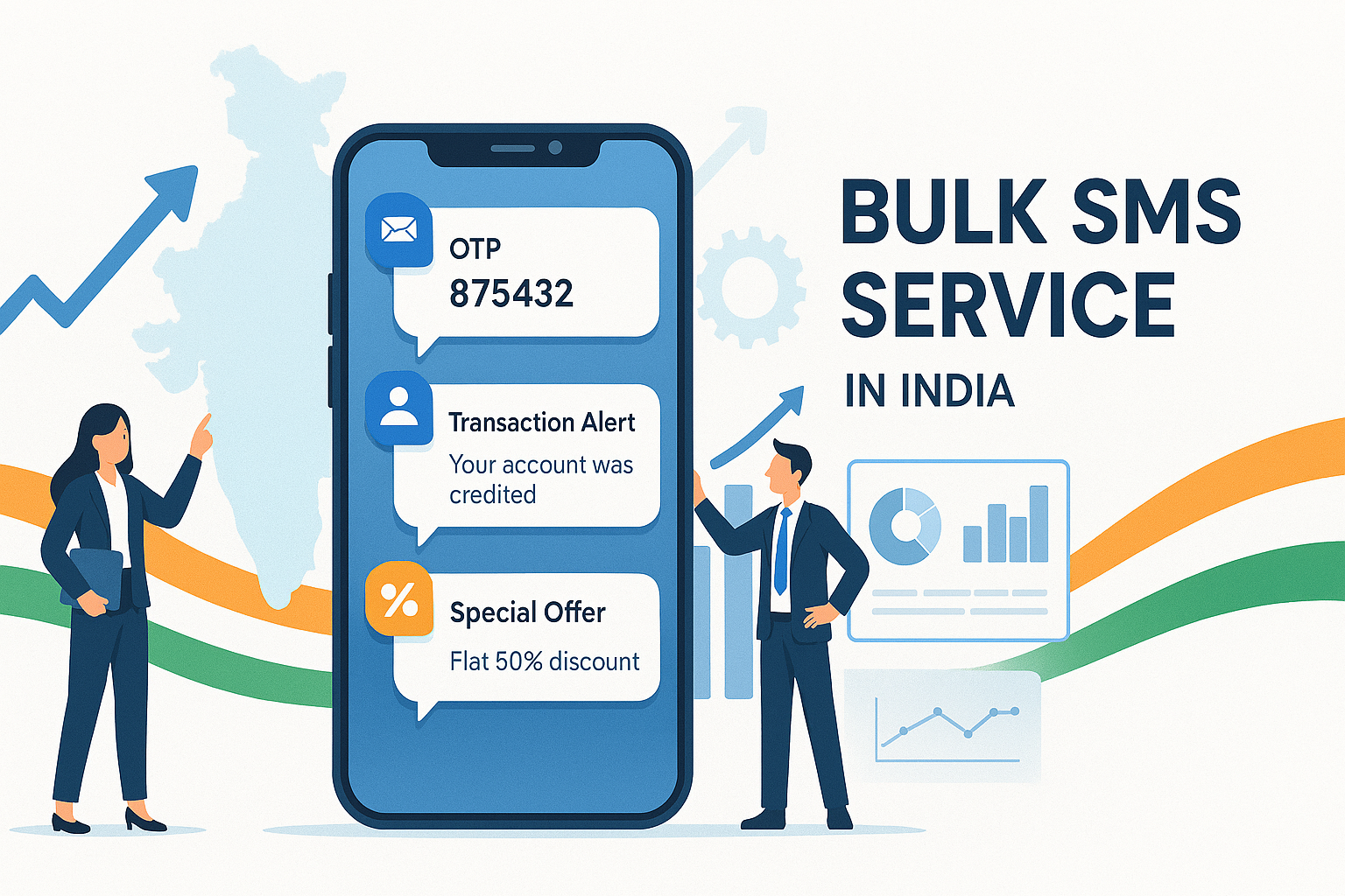 A modern, professional digital marketing banner for a Bulk SMS Service in India. A smartphone at the center displaying multiple SMS notification bubbles such as OTP messages, transactional alerts, and promotional offers