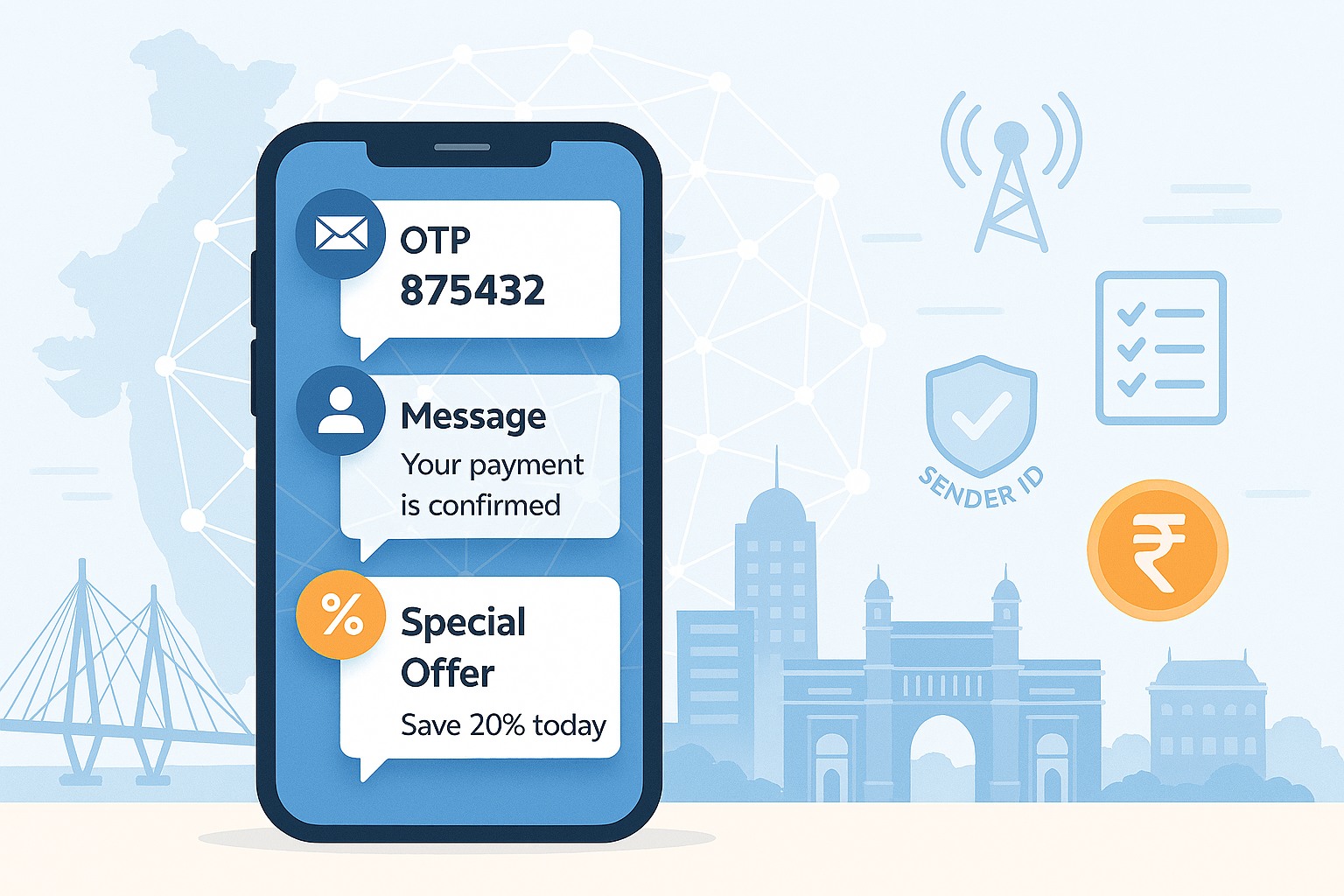 A professional fintech and telecom-themed banner image illustrating DLT registration charges for bulk SMS in India