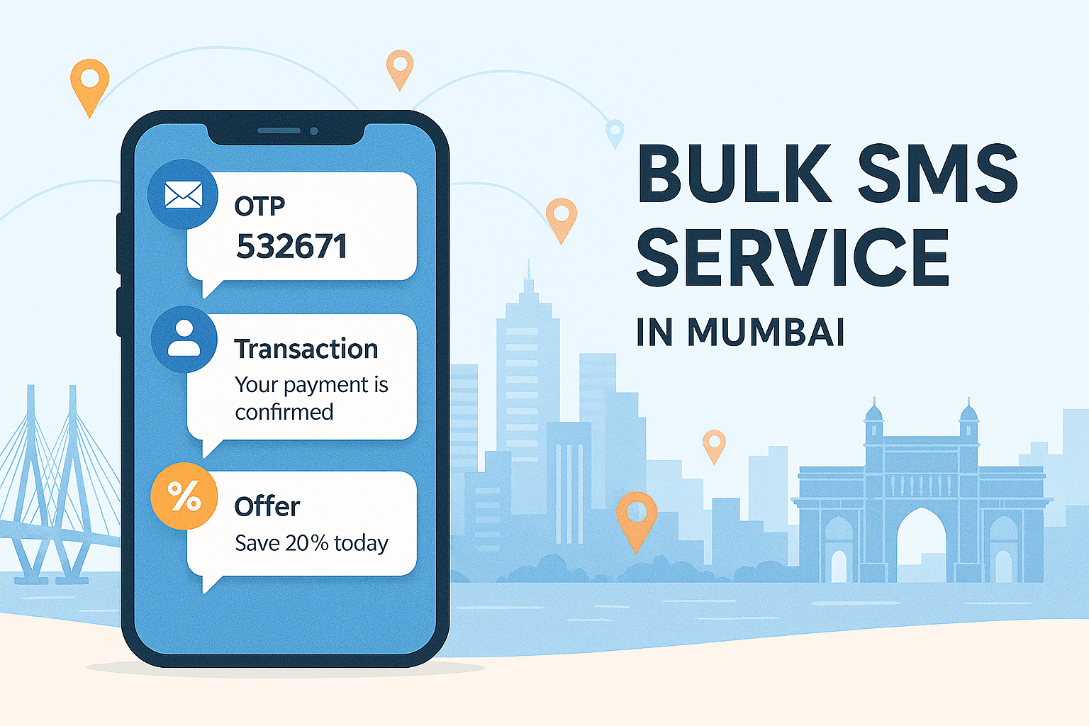 A professional website hero banner for a Bulk SMS Service in Mumbai. A modern smartphone in the foreground displaying SMS notification bubbles like OTP alerts