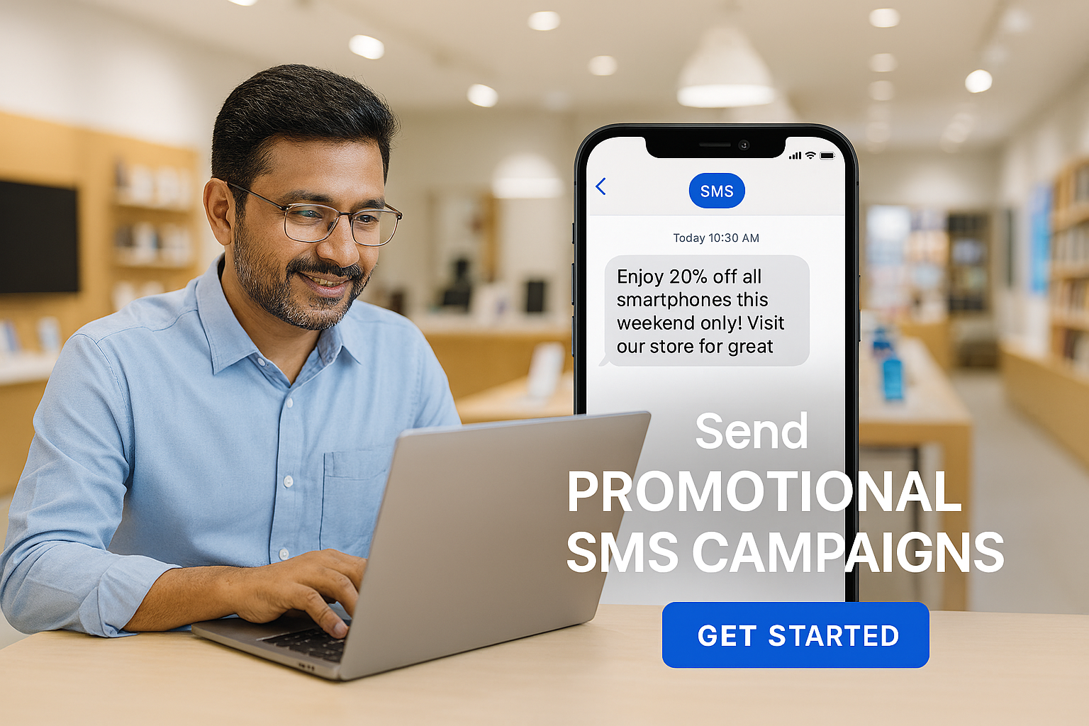 Indian retail store owner sending promotional SMS campaign on laptop, modern electronics store interior background, smartphone screens showing SMS notifications, professional business photography, bright and welcoming atmosphere, realistic lighting