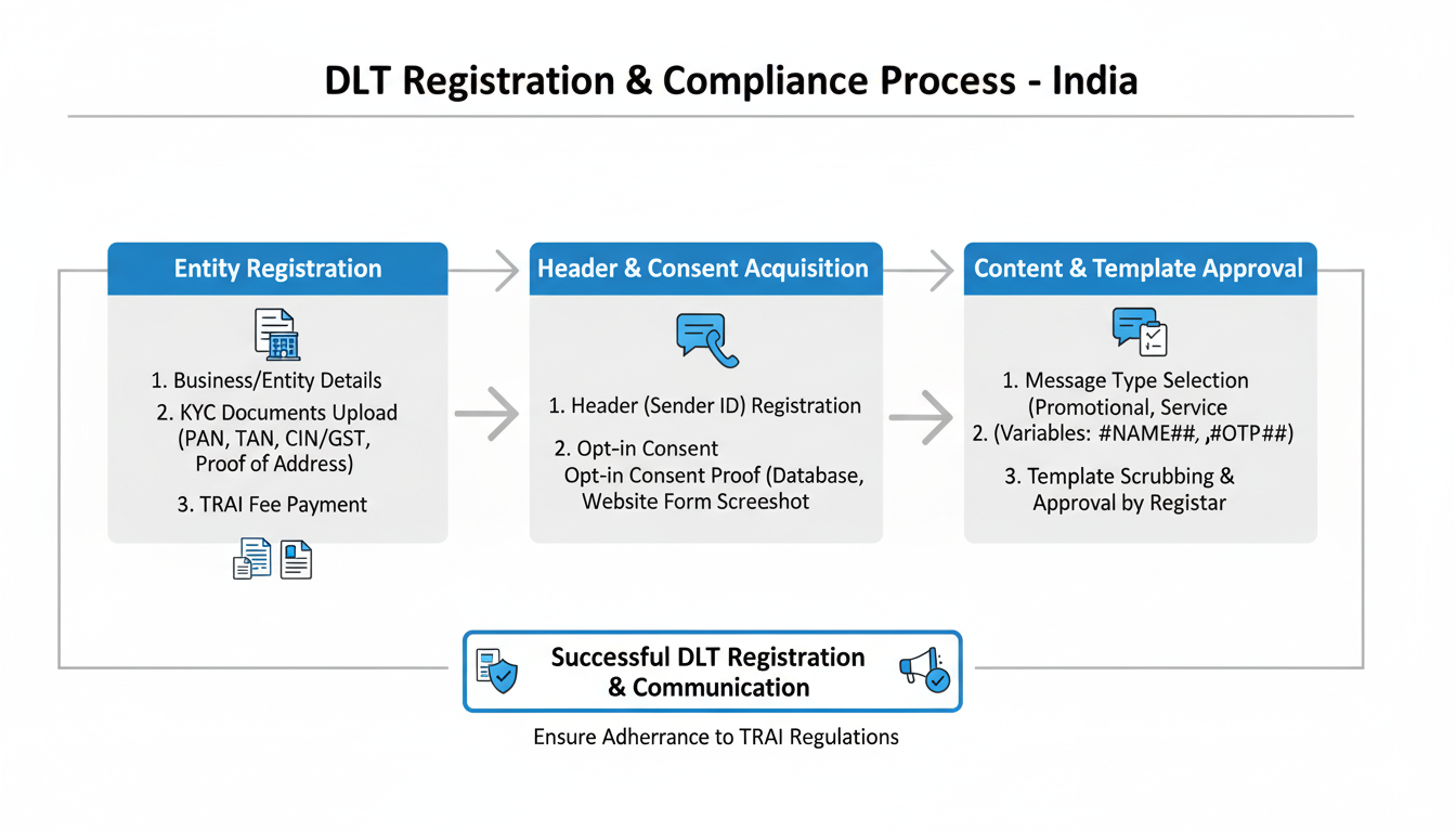 Infographic illustration showing DLT registration process flow, document requirements, template approval steps, Indian telecom compliance visualization, professional business graphics