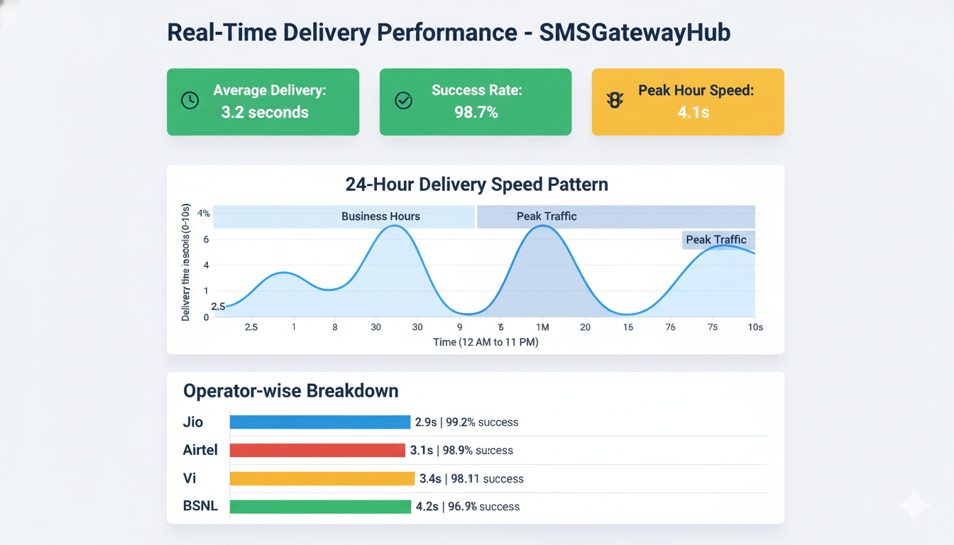 Real-time bulk SMS delivery speed dashboard showing operator-wise performance metrics in India