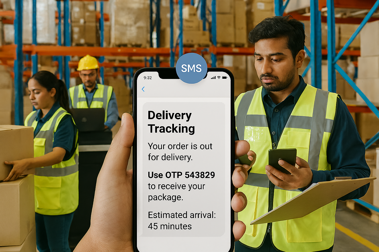 Busy warehouse with workers and automated SMS notifications, Indian logistics environment, technology integration, operational efficiency