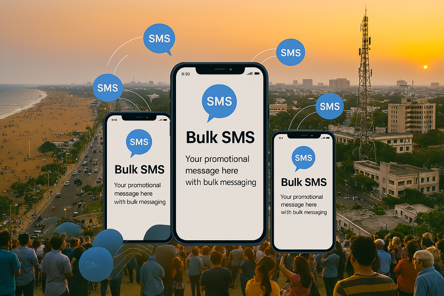 Chennai cityscape with Marina Beach, mobile phones in foreground showing bulk SMS messages, telecommunications concept, sunset lighting, urban landscape, modern India, business and technology fusion