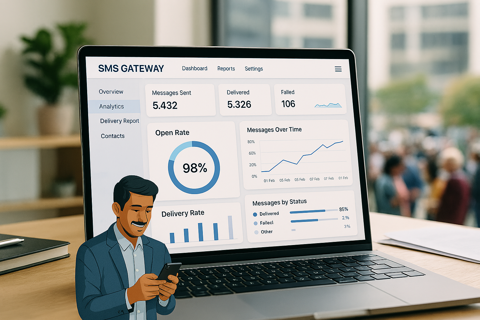 Isometric illustration of SMS gateway infrastructure, mobile phones receiving messages simultaneously, network towers, data flow visualization, India map in background, clean modern design, blue and white color palette, technology concept art
