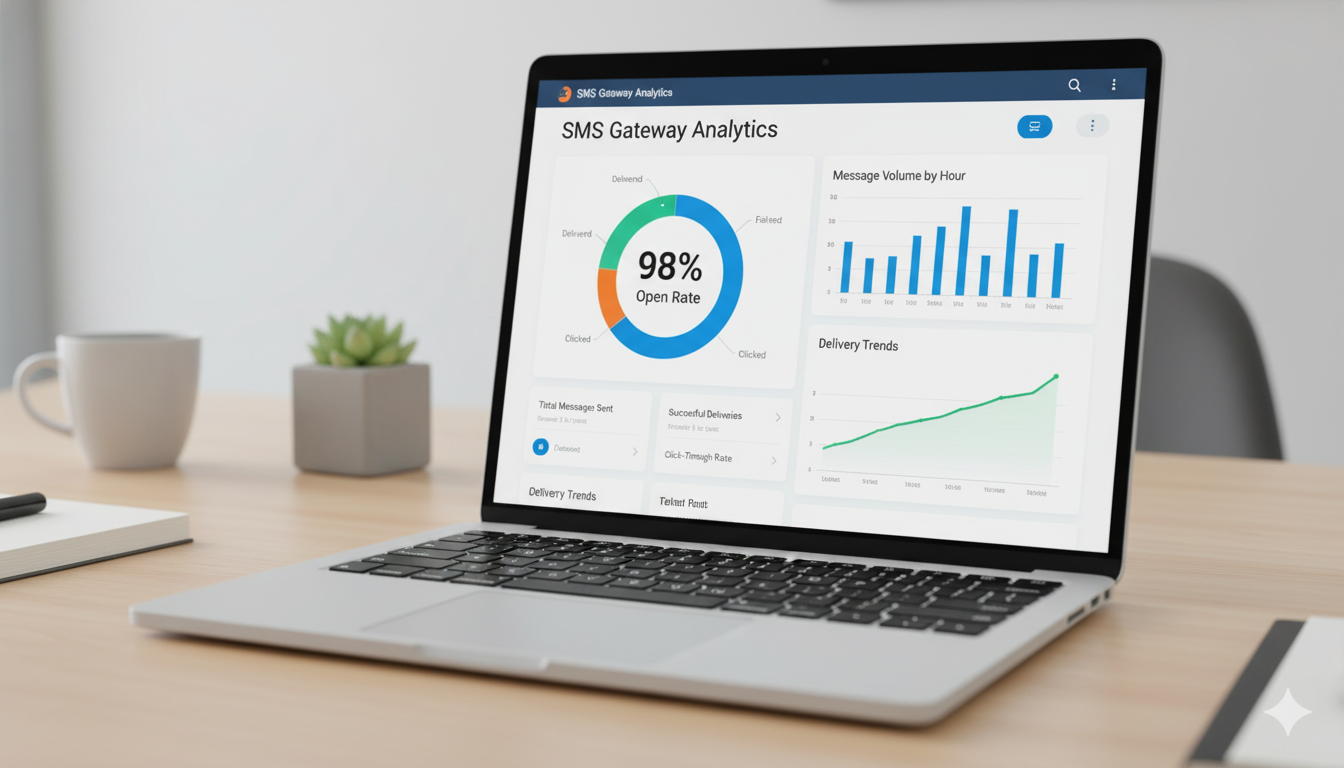 Modern SMS gateway dashboard interface on laptop screen, delivery analytics, message statistics, charts showing 98% open rate, clean UI design, professional office desk setup, shallow depth of field, corporate photography