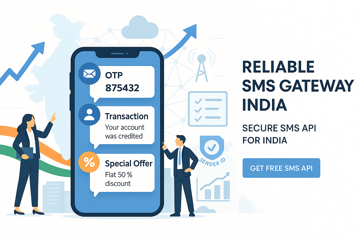 Modern API integration concept with flowing code lines, mobile phones receiving SMS messages, event venue background, developer working on laptop with API documentation, holographic data streams, blue and purple gradient lighting, futuristic tech illustration, professional atmosphere