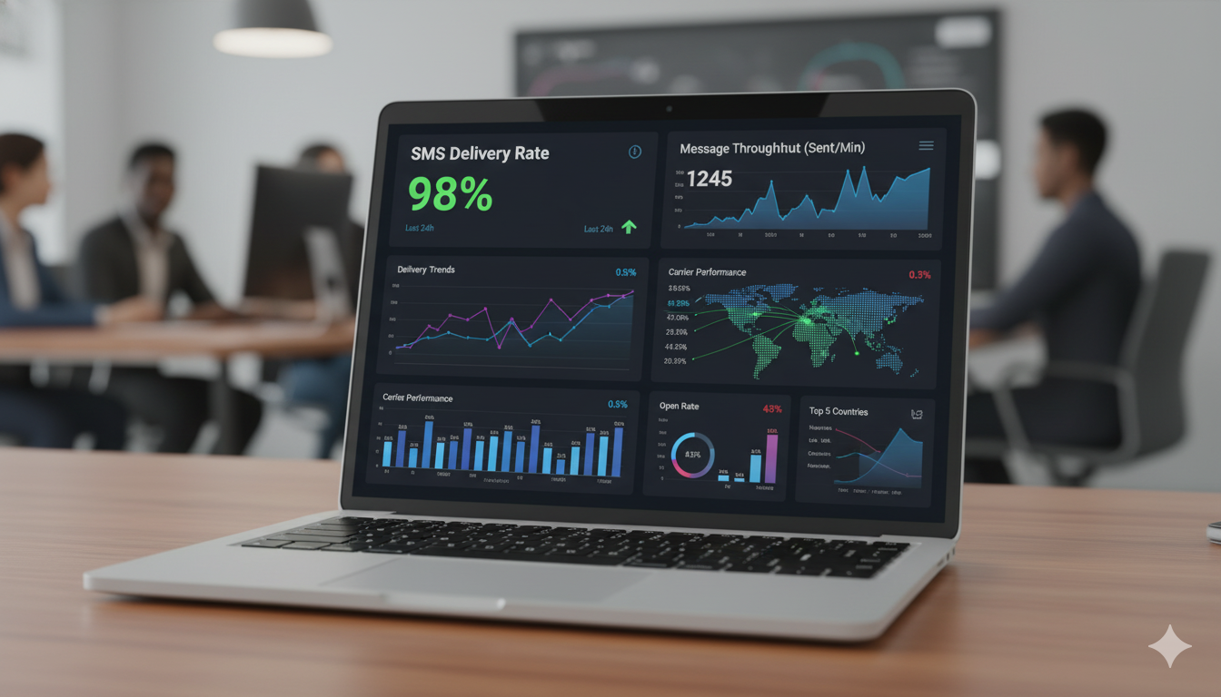 Split screen showing event organizer dashboard with SMS analytics on left, happy diverse crowd of attendees checking phones on right, real-time message delivery visualization, modern event hall, professional photography, warm lighting, engagement and technology fusion