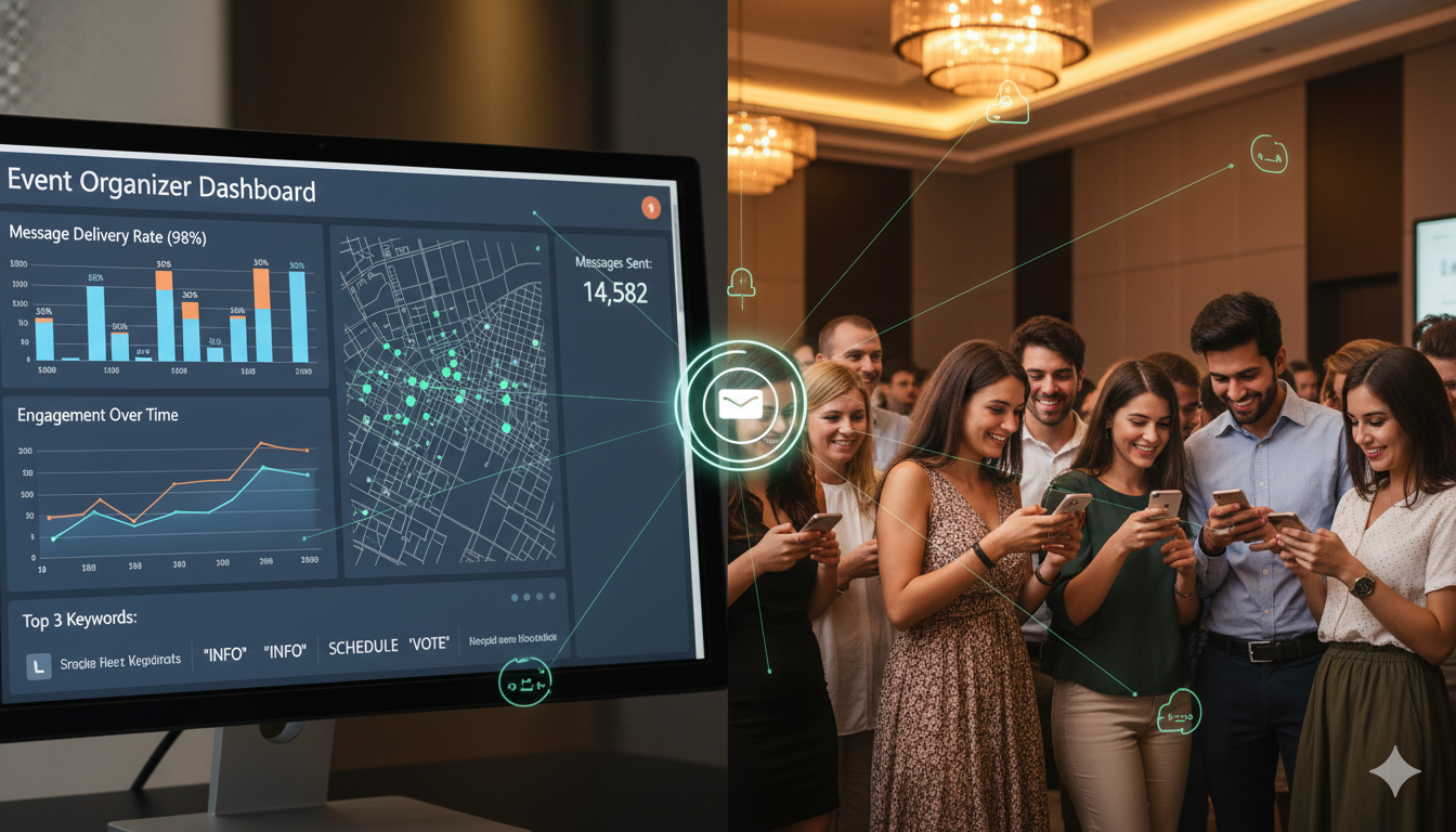 Split screen showing event organizer dashboard with SMS analytics on left, happy diverse crowd of attendees checking phones on right, real-time message delivery visualization, modern event hall, professional photography, warm lighting, engagement and technology fusion