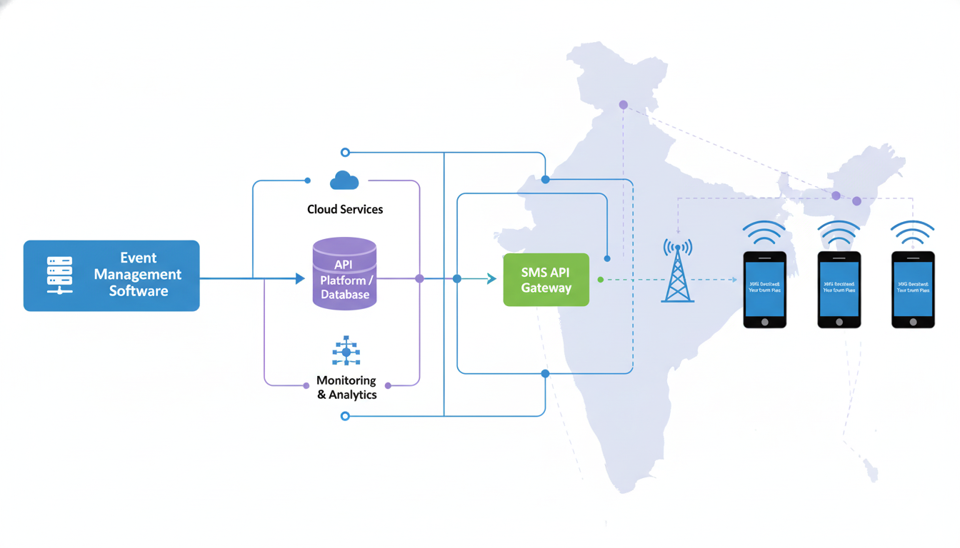 Technical diagram showing SMS API architecture, flowchart from event management software to mobile devices through SMS gateway, nodes and connection lines, clean infographic style, icons representing servers, databases, telecom towers, India map overlay, white background, corporate design