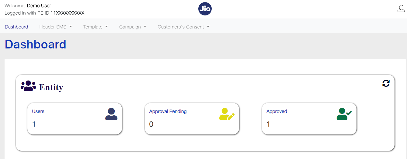 11. The dashboard screen that appears after logging into Jio DLT is as follows.