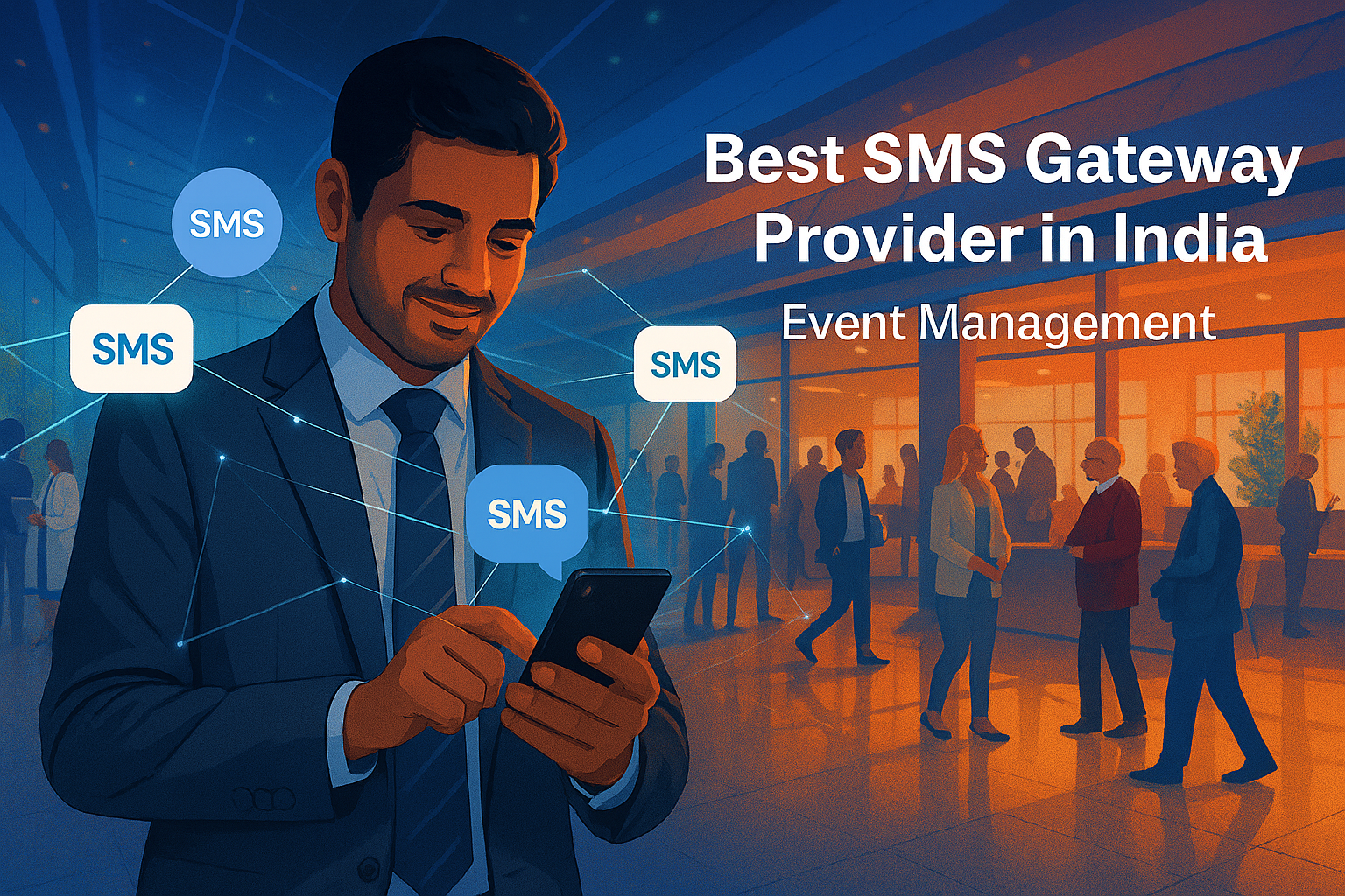 Professional event manager using smartphone with floating SMS message icons and communication network lines, modern Indian convention center in background, vibrant blue and orange color scheme, digital illustration style, high-tech atmosphere, people networking at corporate event