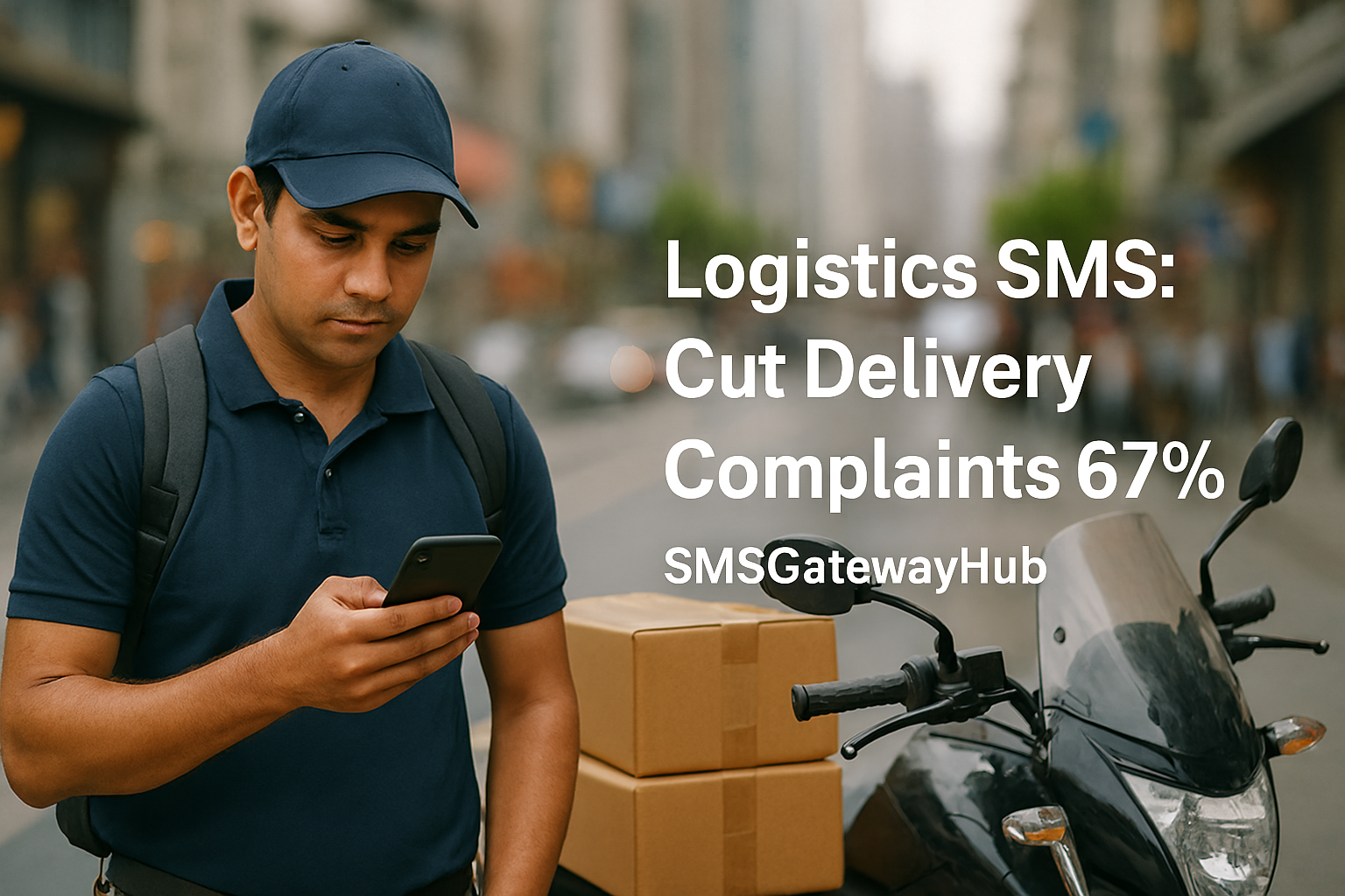 Indian delivery agent checking smartphone for SMS alerts, motorcycle with packages, busy city street, professional courier uniform, realistic photography