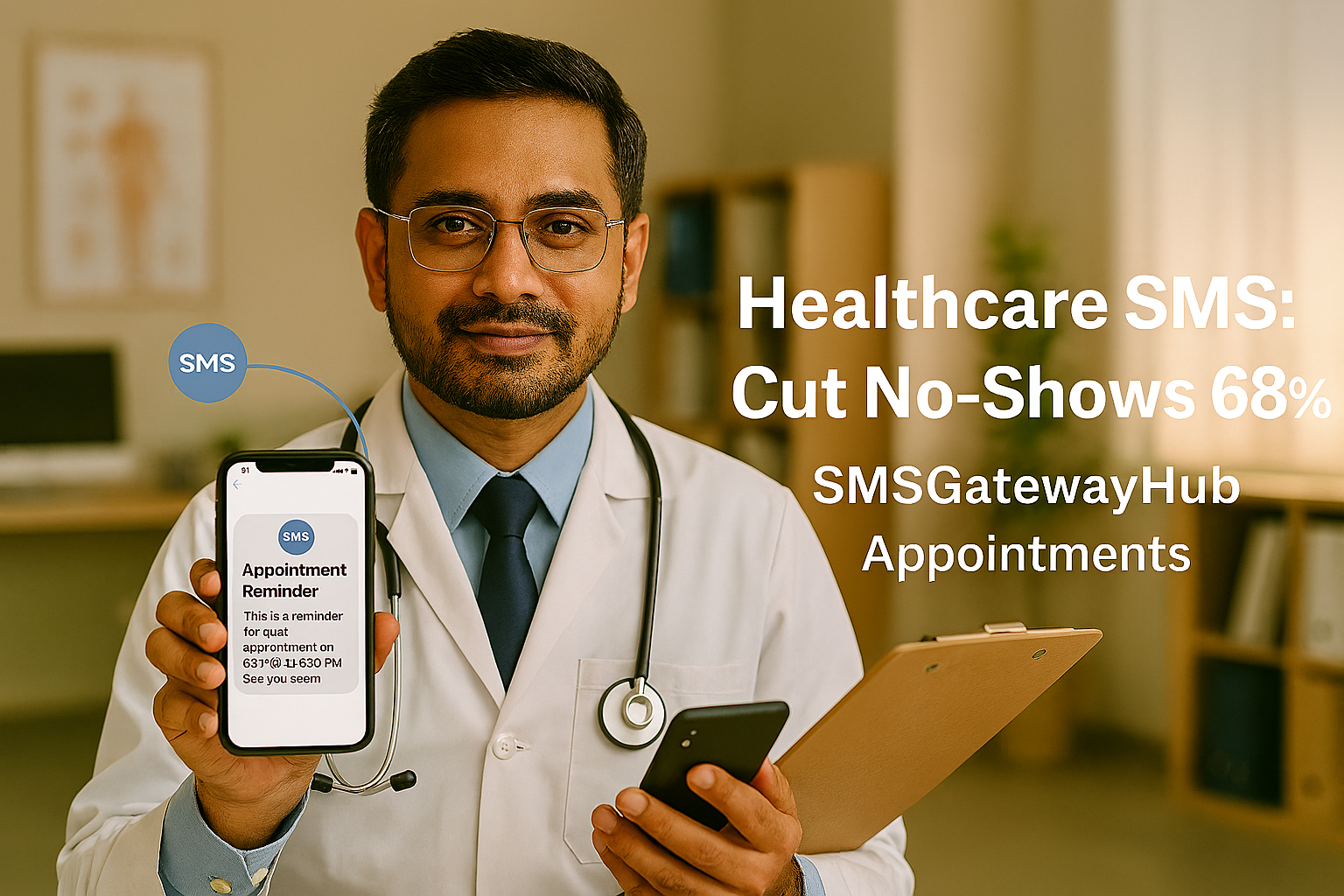 indian doctor with smartphone showing appointment SMS reminder on screen, modern hospital consultation room, stethoscope visible, professional medical photography, warm lighting