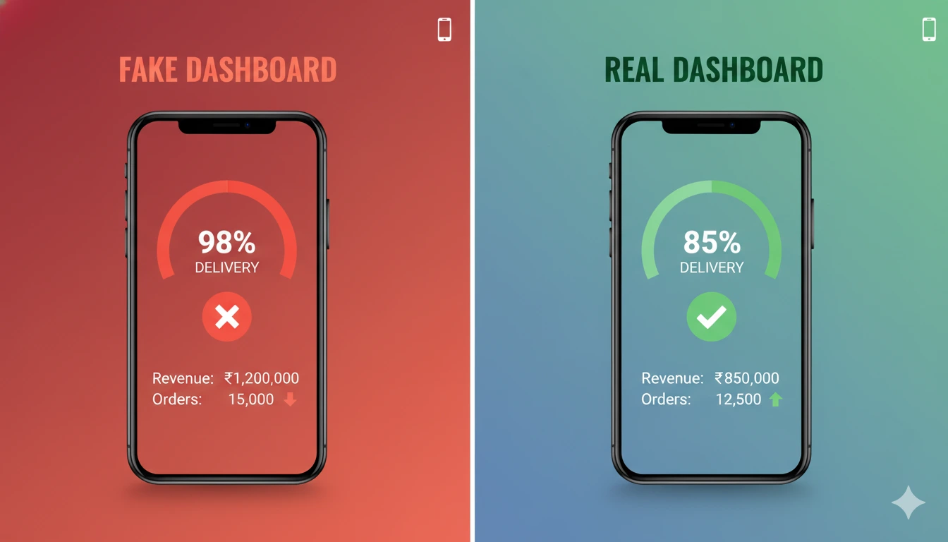 Comparison of fake SMS delivery reports showing 98% versus real delivery reports showing 85% in Indian bulk SMS marketing