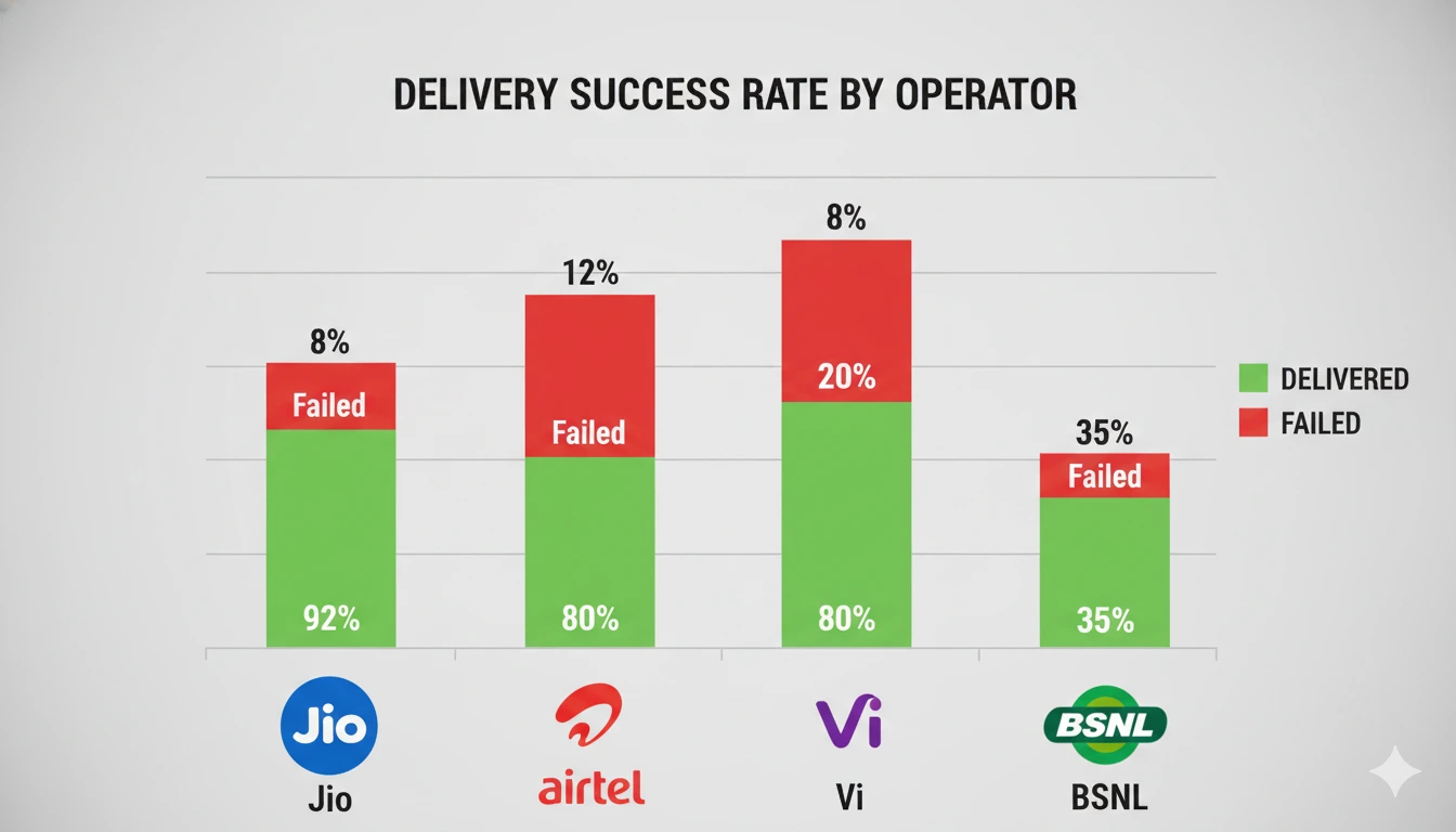SMS delivery rate comparison across Indian mobile operators Jio Airtel Vi BSNL showing realistic 82-89% delivery rates