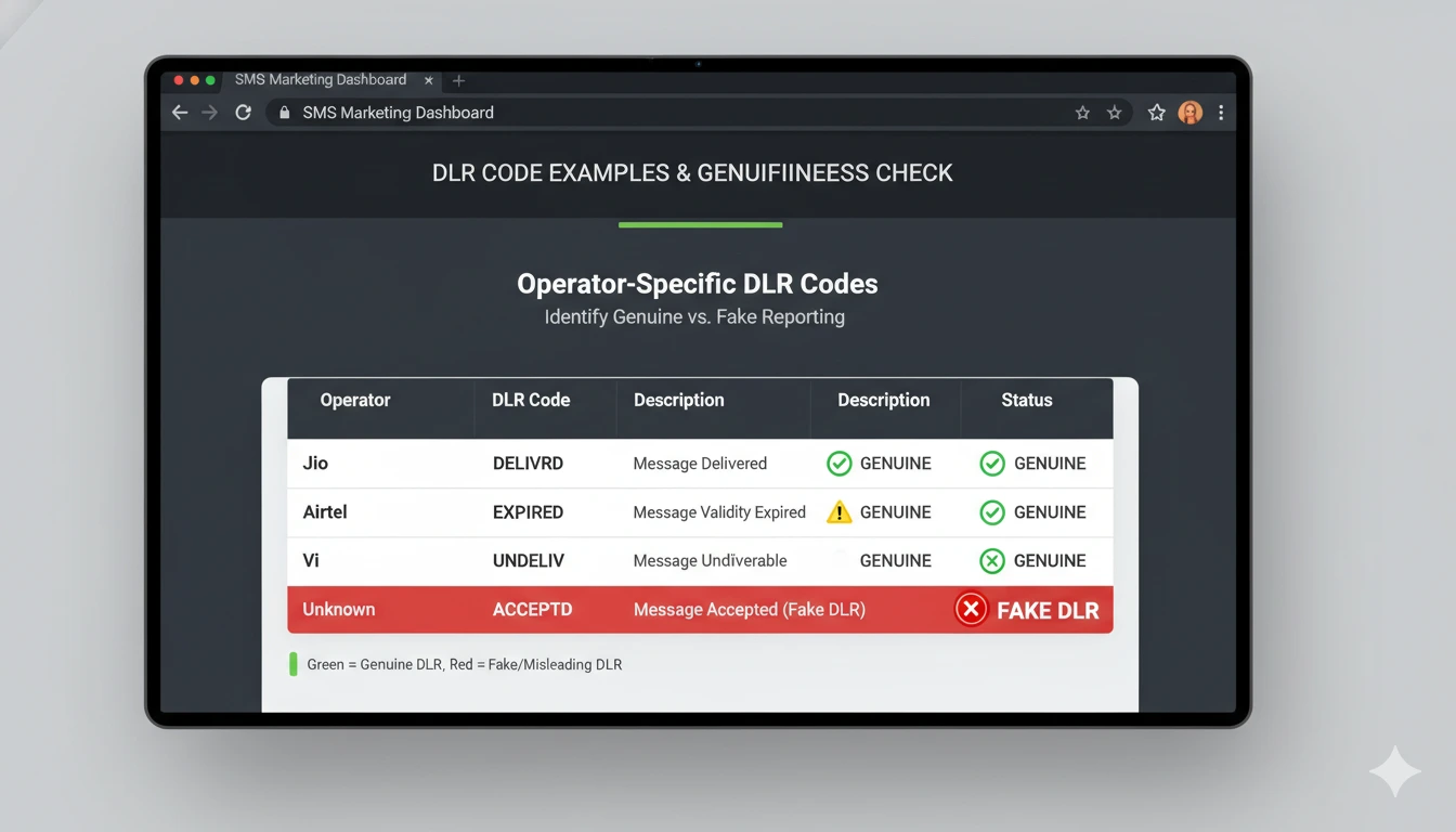 Example of genuine SMS delivery report with operator-specific DLR codes showing DELIVRD EXPIRED UNDELIV status from Indian telecom operators