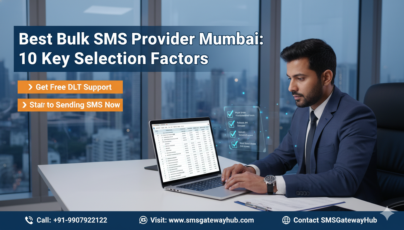 featuring a professional businessman in a Mumbai corporate office, analyzing a bulk SMS provider comparison chart on his laptop, with digital checklists, the Mumbai skyline in the background, and all the specified text overlays and branding